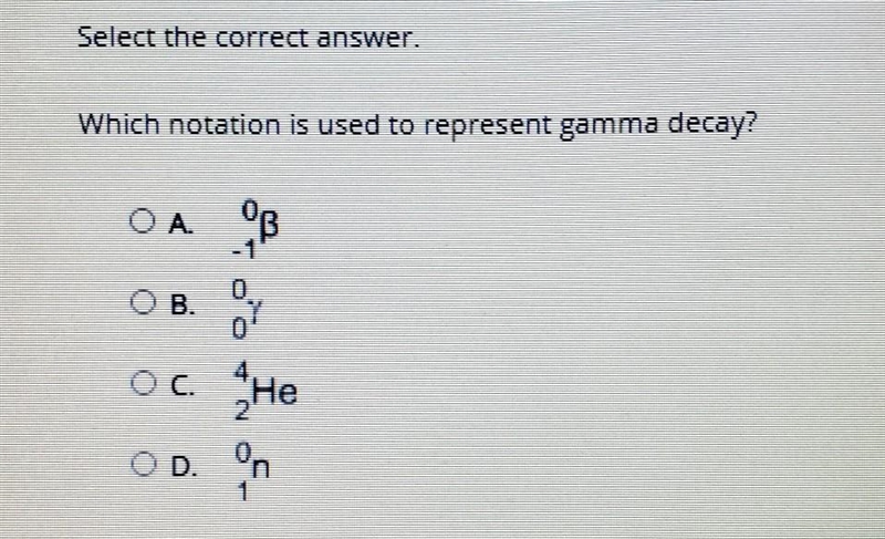 Select the correct answer. Which notation is used to represent gamma decay?​-example-1