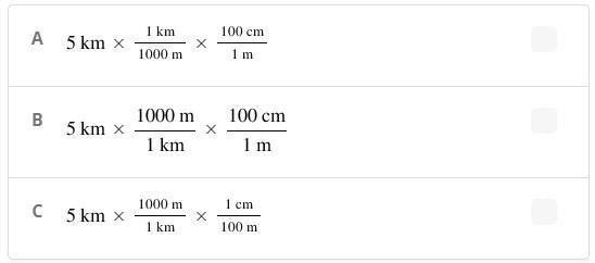 Alice is 5 km away from home. How many centimeters is she away from home? Select the-example-1