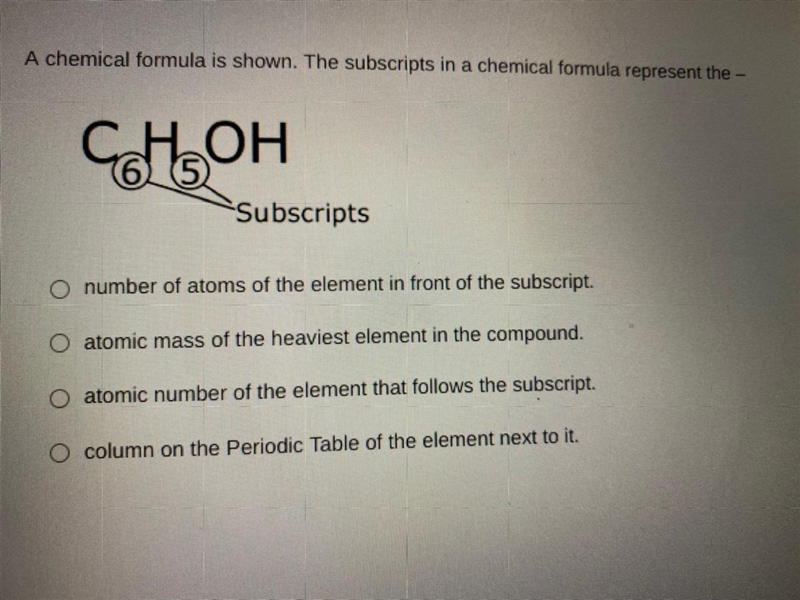 A chemical formula is shown the subscription in a chemical formula represent the-example-1