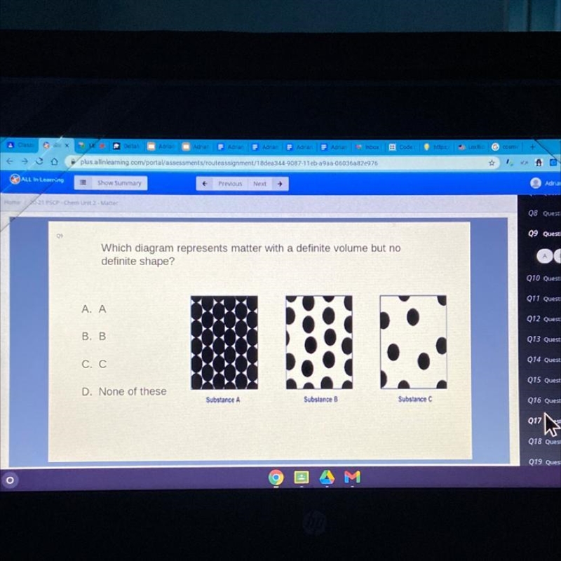 Which diagram represents matter with a definite volume but no definite shape?-example-1