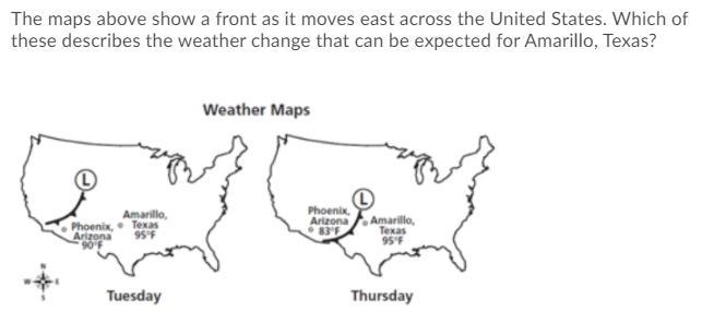 The maps above show a front as it moves east across the United States. Which of these-example-1