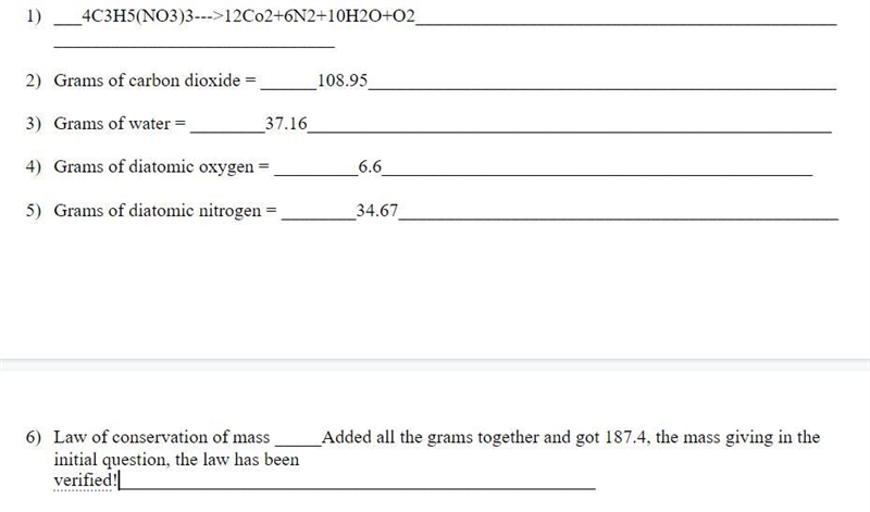 A 187.4g sample of C3H5(NO3)3 decomposes to produce carbon dioxide, water, diatomic-example-2