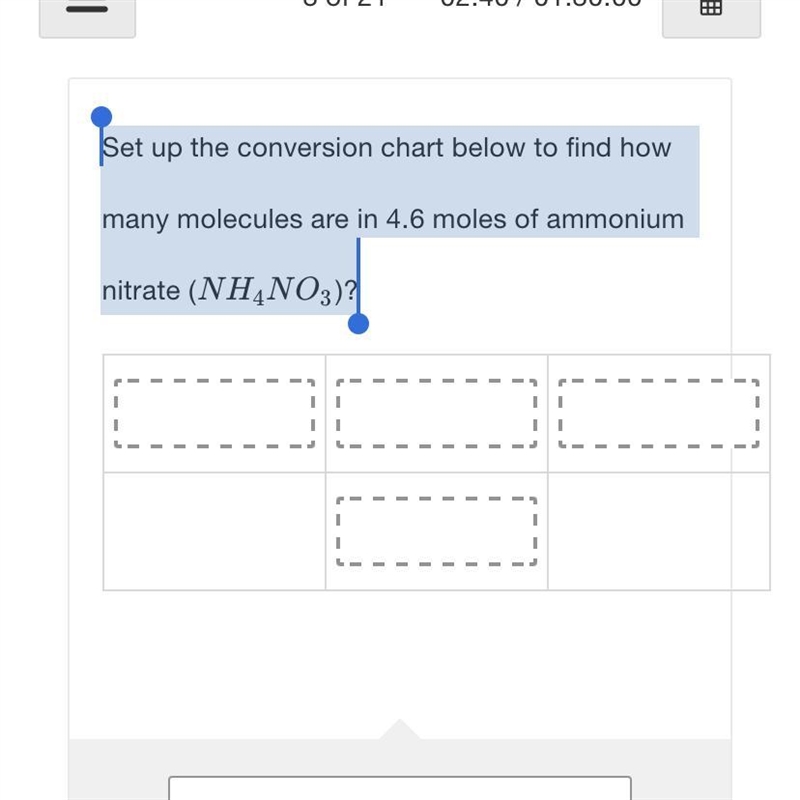 Set up the conversion chart below to find how many molecules are in 4.6 moles of ammonium-example-1