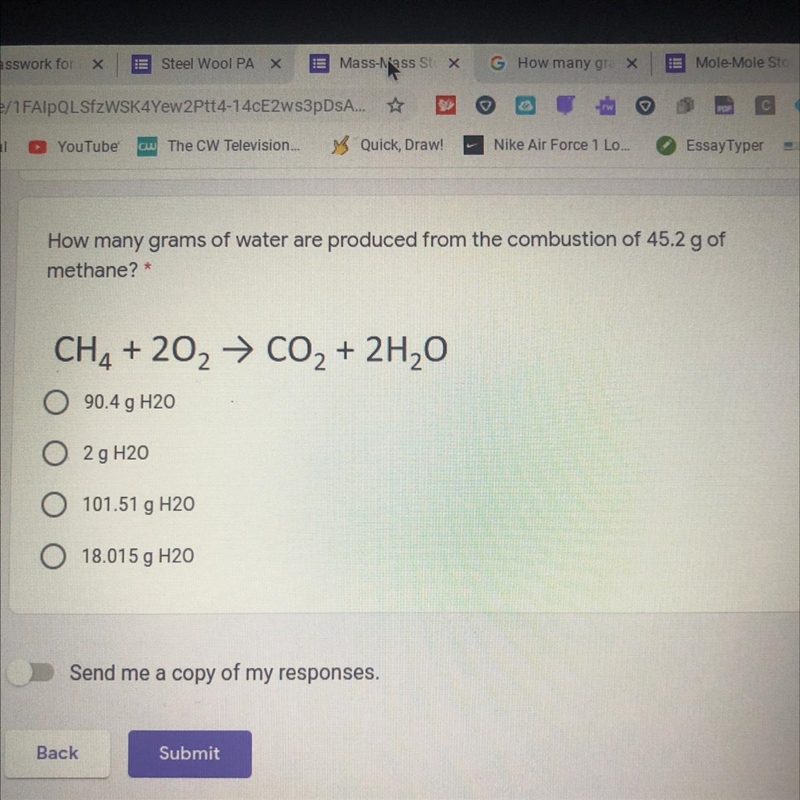 How many grams of water are produced from the combustion of 45.2 g of methane? * CH-example-1