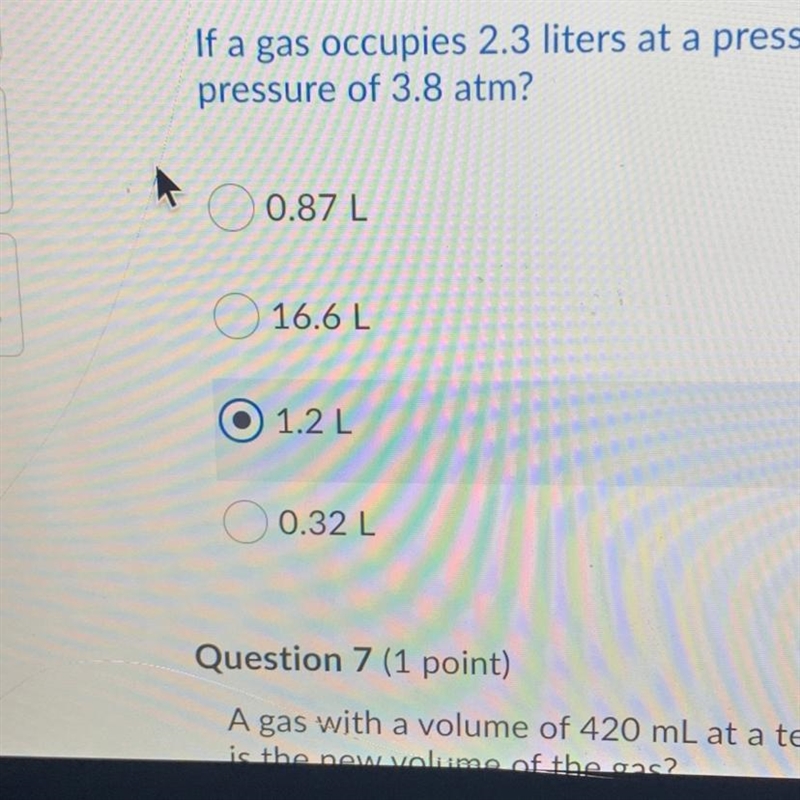 If a gas occupies 2.3 liters at a pressure of 1.9 atm, what will be its volume at-example-1