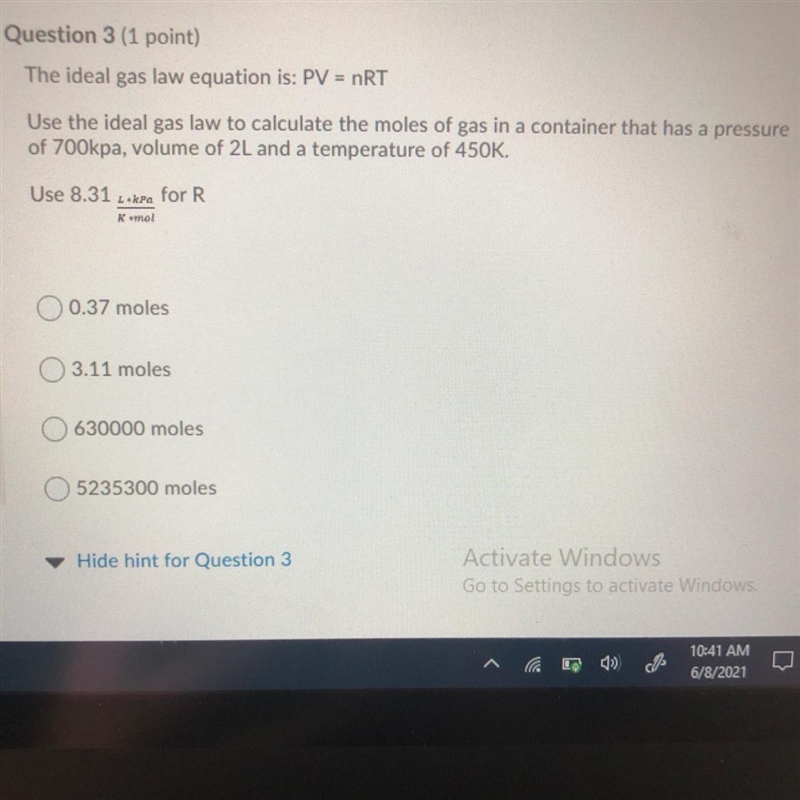 The ideal gas law equation is: PV = nRT Use the ideal gas law to calculate the moles-example-1