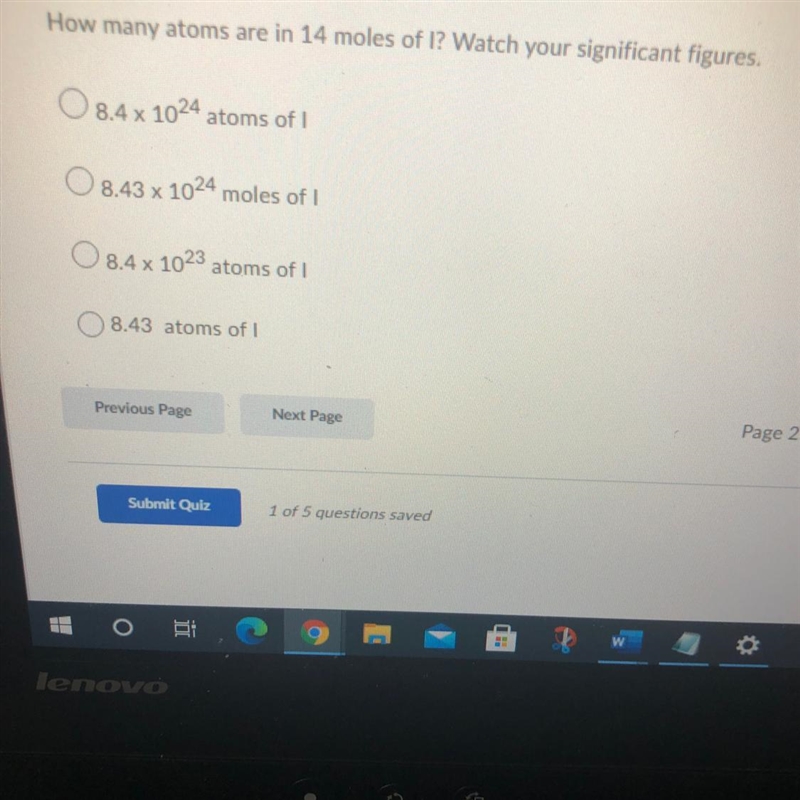 How many atoms are in 14 moles of I? Watch your significant figures. 8.4 x 1024 atoms-example-1