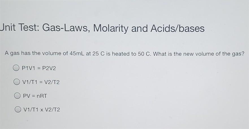 A gas has the volume of 45mL at 25 C is heated to 50 C. What is the new volume of-example-1