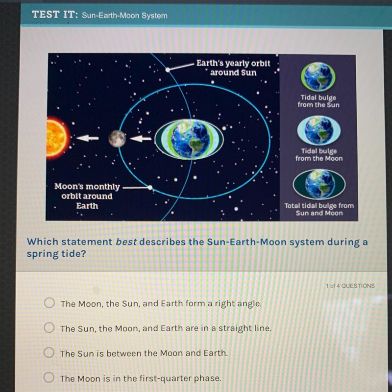 Which statement best describes the sun earth moon system during a spring tide The-example-1