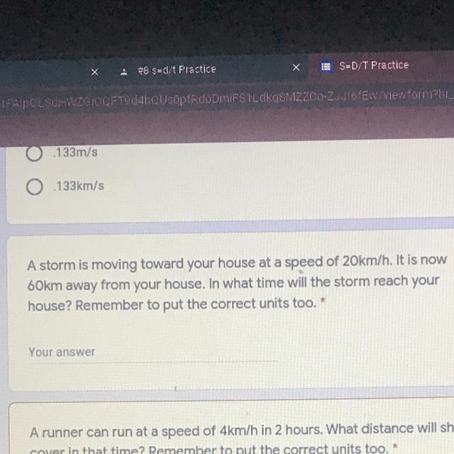 A storm is moving toward your house at a speed of 20km/h. It is now 60km away from-example-1