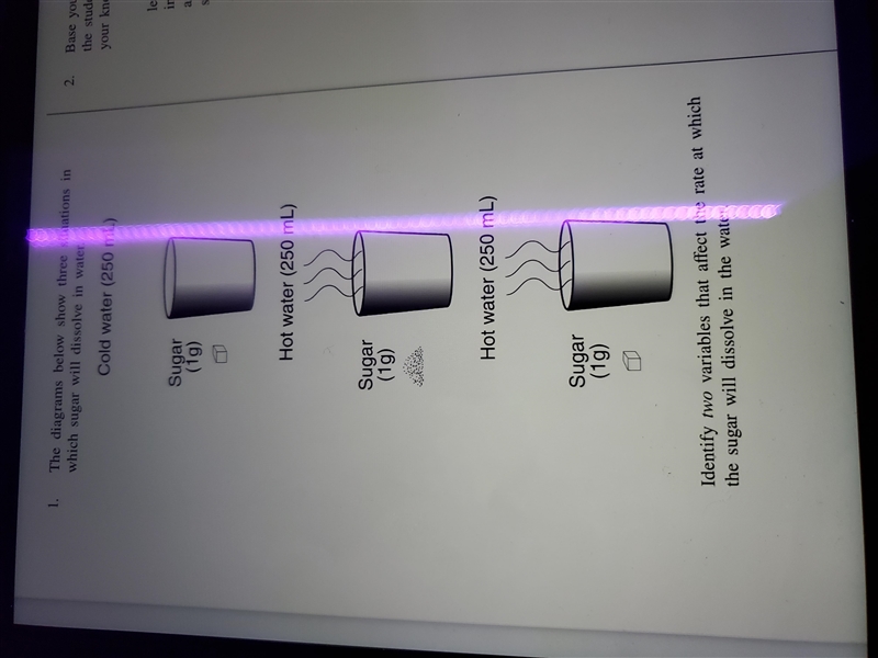 Identify two variables that affect the rate at which the sugar will dissolve in the-example-1