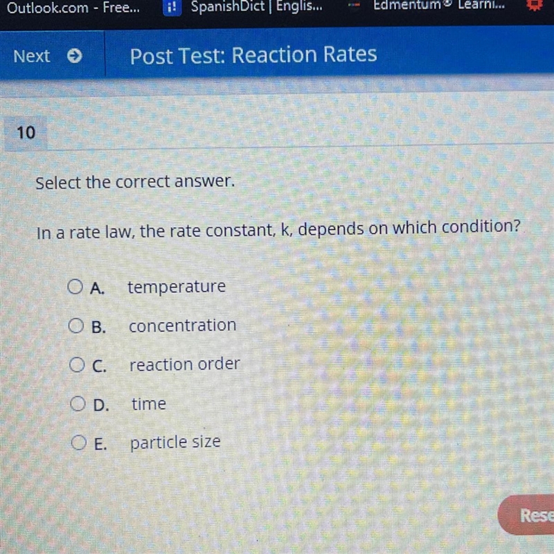 In a rate law the rate constant k, depends on which condition?-example-1