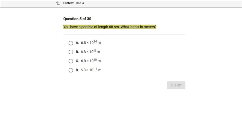 You have a particle of length 68 nm. What is this in meters? ( need help asap)-example-1