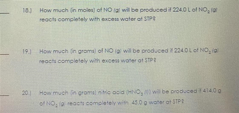 I’d appreciate the help! :) Here is the reaction: 3 NO2 (g) + H2O (l) = 2HNO3 (l) + NO-example-1