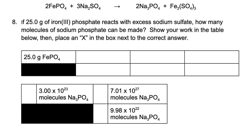 If 25.0 g of iron(III) phosphate reacts with excess sodium sulfate, how many molecules-example-1