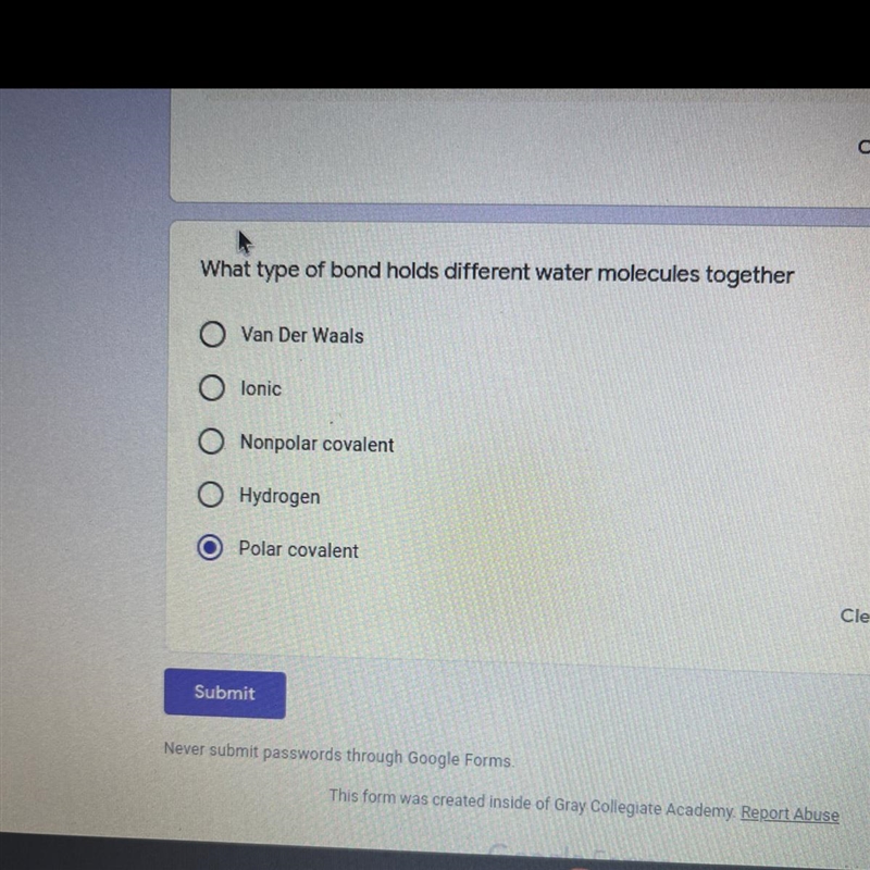 What type of bond holds different water molecules together-example-1