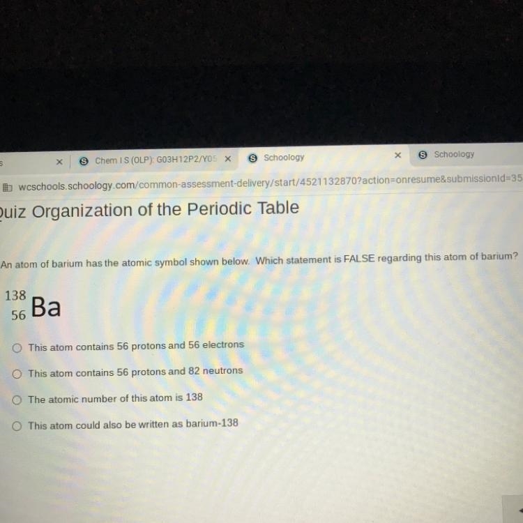 An atom of barium has the atomic symbol shown below. Which statement is FALSE regarding-example-1