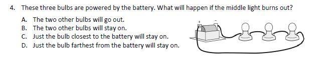 There are three bulbs powered by a battery. What will happen if the middle light burns-example-1