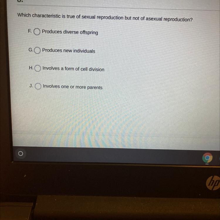 Which characteristic is true of sexual reproduction but not of asexual reproduction-example-1