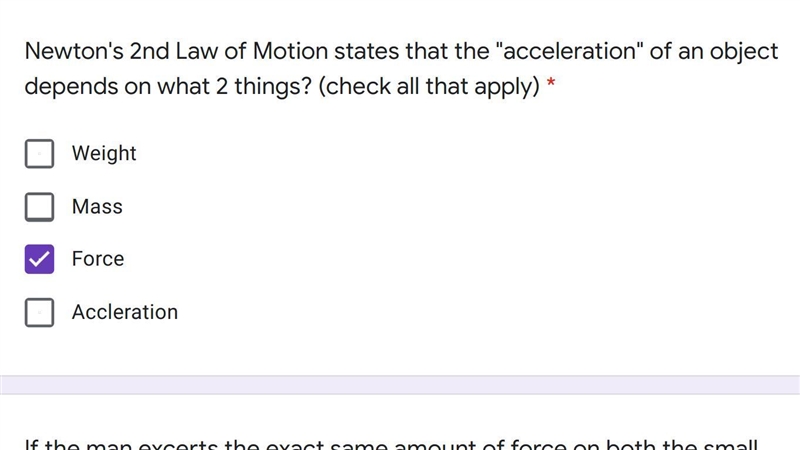 Newton's 2nd Law of Motion states that the "acceleration" of an object depends-example-1