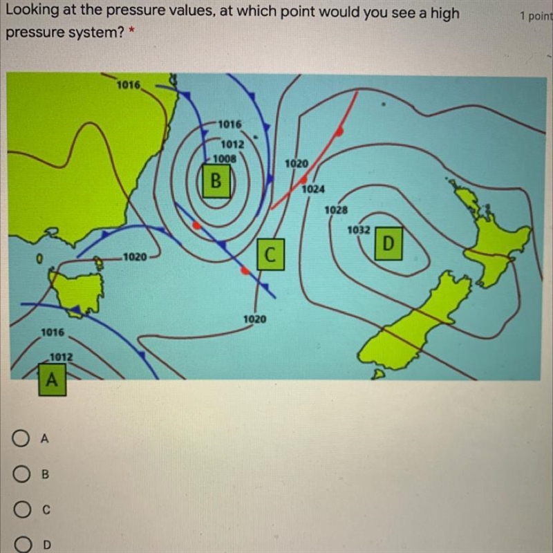 Looking at the pressure values, at which point would you see a high pressure system-example-1