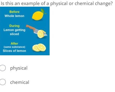 Is this an example of a physical or chemical change? physical chemical-example-1