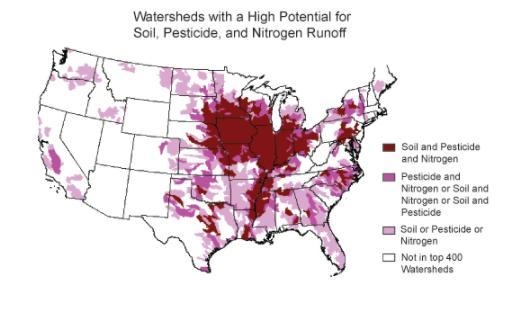 The map shows watersheds with a high potential for soil, nitrogen, and pesticide runoff-example-1