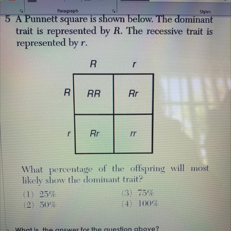 5 A Punnett square is shown below. The domin trait is represented by R. The recessive-example-1