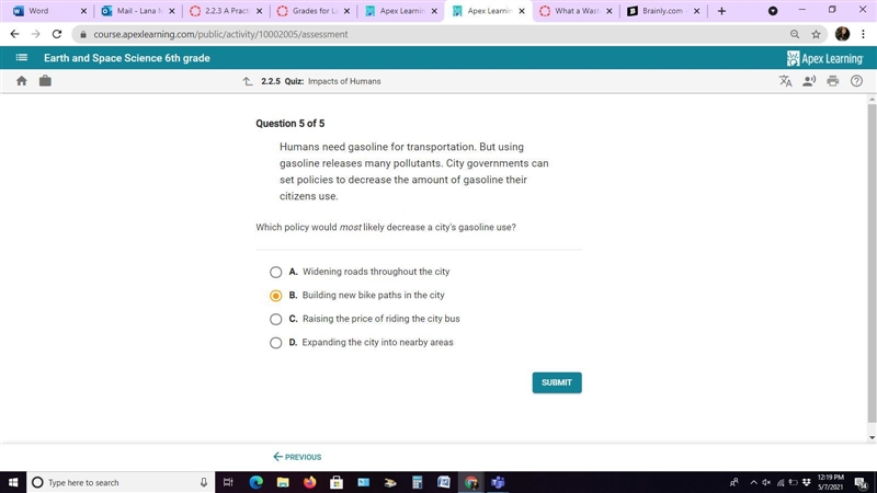 Which policy would decrease in the city's gasoline use.-example-1