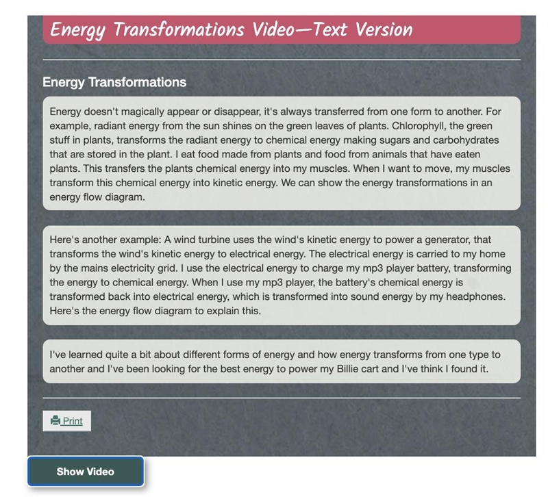 Explain an example of how energy is transferred from one form to another in the video-example-1