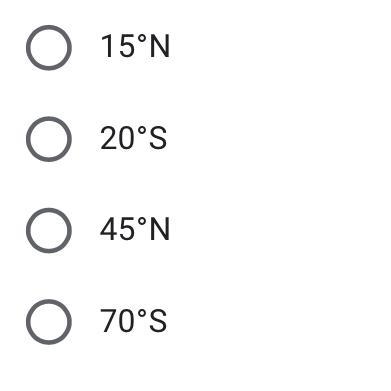 The equator is at a latitude of 0°. Which latitude will have the warmest temperature-example-1