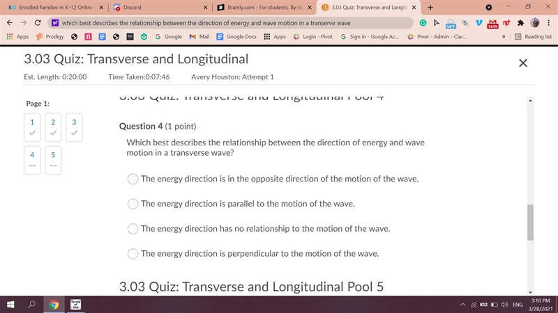 Which best describes the relationship between the direction of energy and wave motion-example-1