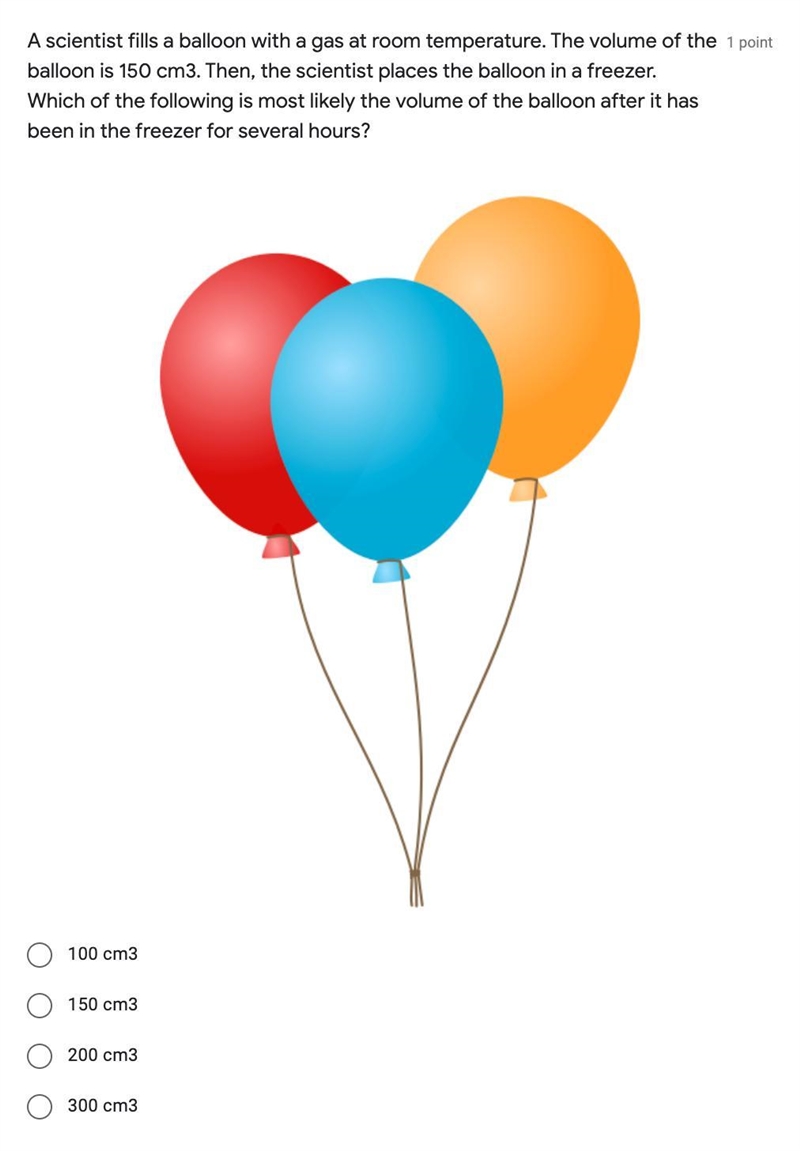 A scientist fills a balloon with gas at room temperature. The volume of the balloon-example-1