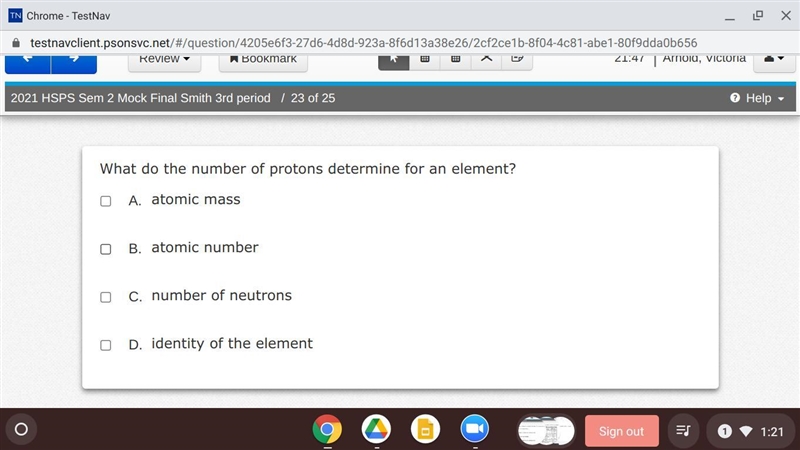 What do the number of protons determine for an element? (PLEASE HELP ME THIS IS TIMED-example-1