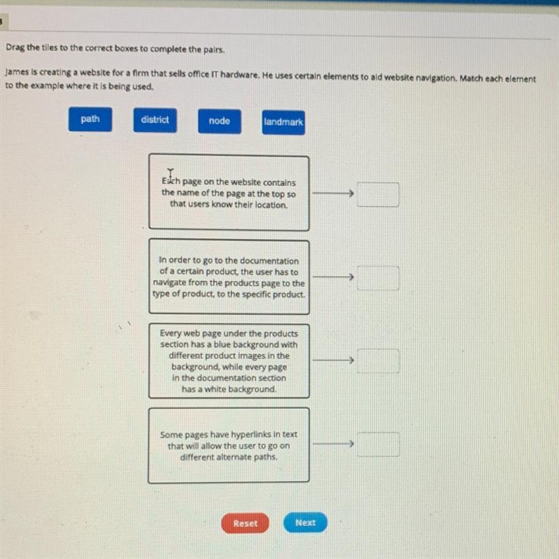 Drag the tiles to the correct boxes to complete the pairs. James is creating a website-example-1