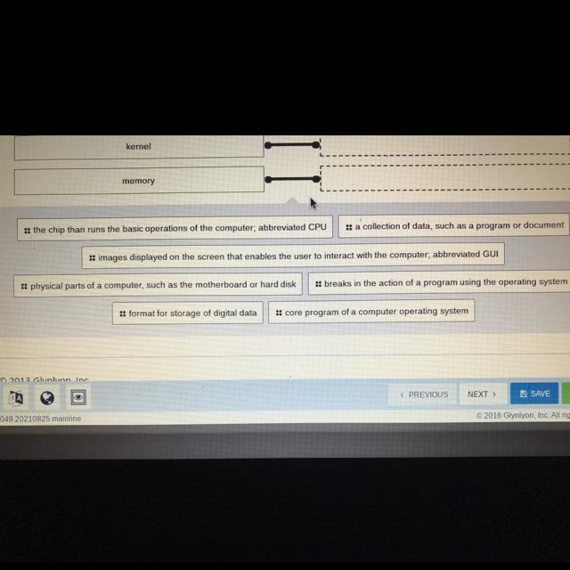 Match each word to its correct meaning. central processing unit file graphical user-example-1