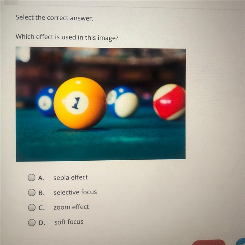 Which effect is used in this image? A.sepia effect B.selective focus C.zoom effect-example-1