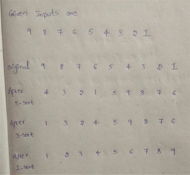 Show the stages of running Shellsort on the input 8, 9, 7, 5, 4, 6, 3, 2, 1 using-example-1