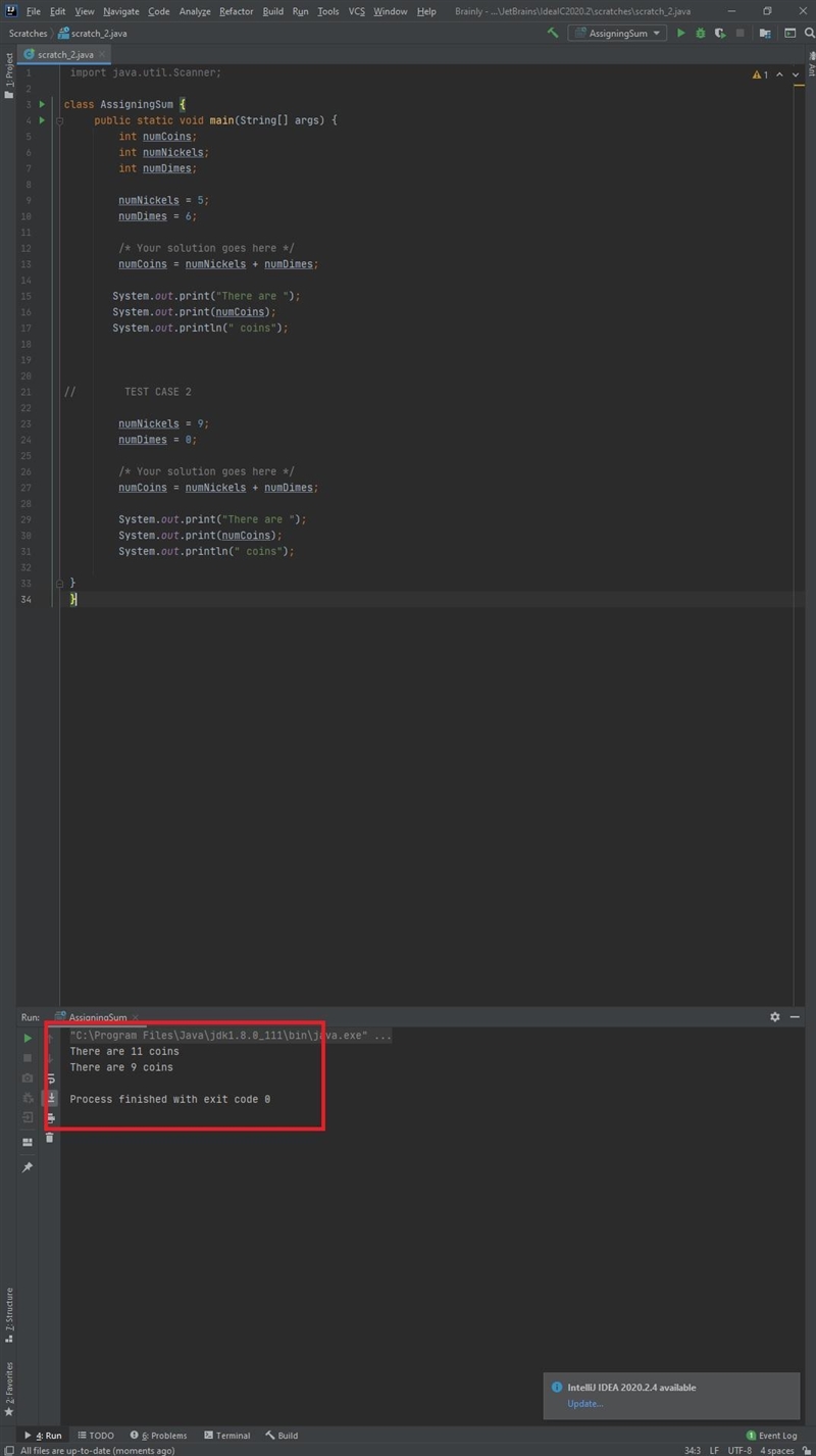 Write a statement that assigns numCoins with numNickels + numDimes. Ex: 5 nickels-example-1