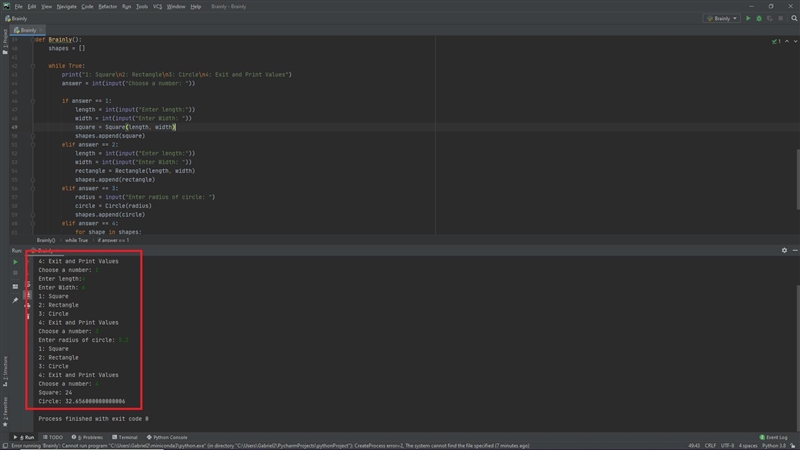 Write a program that repeatedly shows the user a menu to select the shape form three-example-1