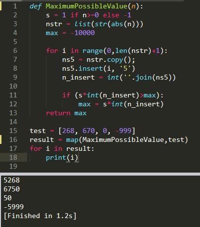 Write a function solution that, given an integer N, returns the maximum possible value-example-1