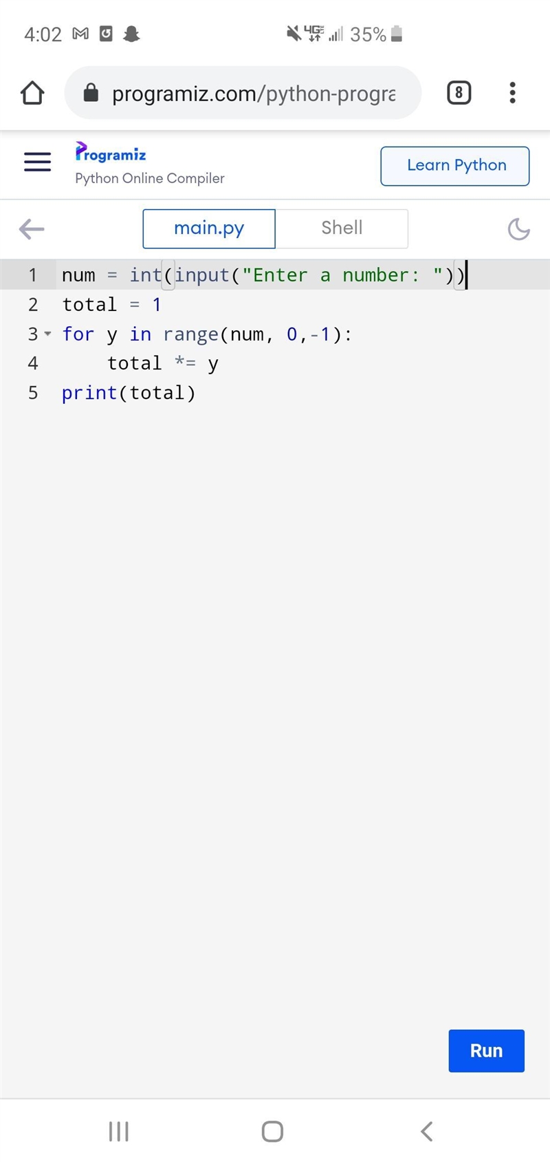 Write a python computer program that prints out a factorial. N factorial (written-example-1