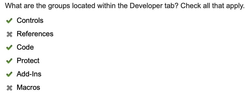 What are the groups located within developer tab? check all that apply. Controls References-example-1
