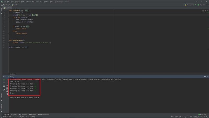 Write the simulate method, which simulates the frog attempting to hop in a straight-example-1