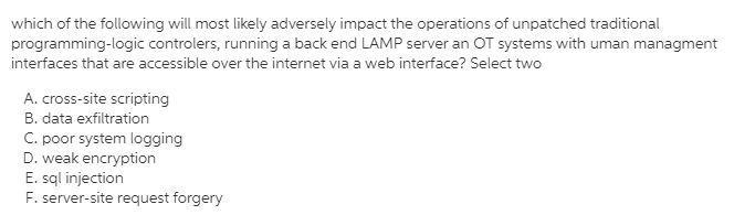 What will MOST likely adversely impact the operations of unpatched traditional programmable-example-1