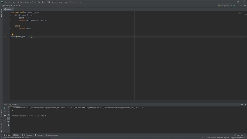 Write a recursive function next_pow2(n) that returns the smallest integer value p-example-1