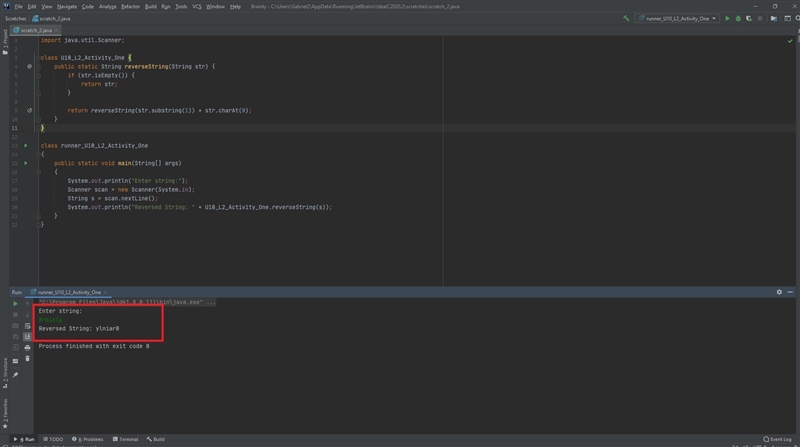 Debug the recursive reverseString method, which is intended to return the input String-example-1