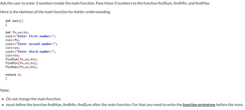 Do the same exercise but this time use the value returning function. Here is the skeleton-example-1