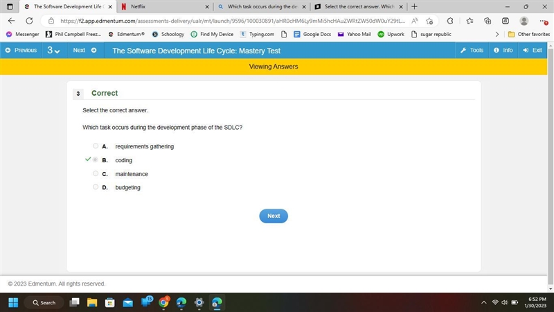 Select the correct answer. Which task occurs during the development phase of the SDLC-example-1