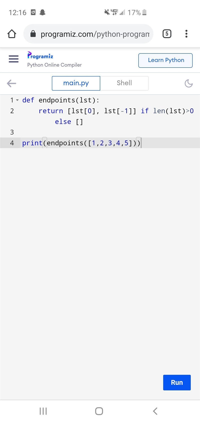 Write a function endpoints that takes a list of numbers (eg. [5, 10, 15, 20, 25]) and-example-1